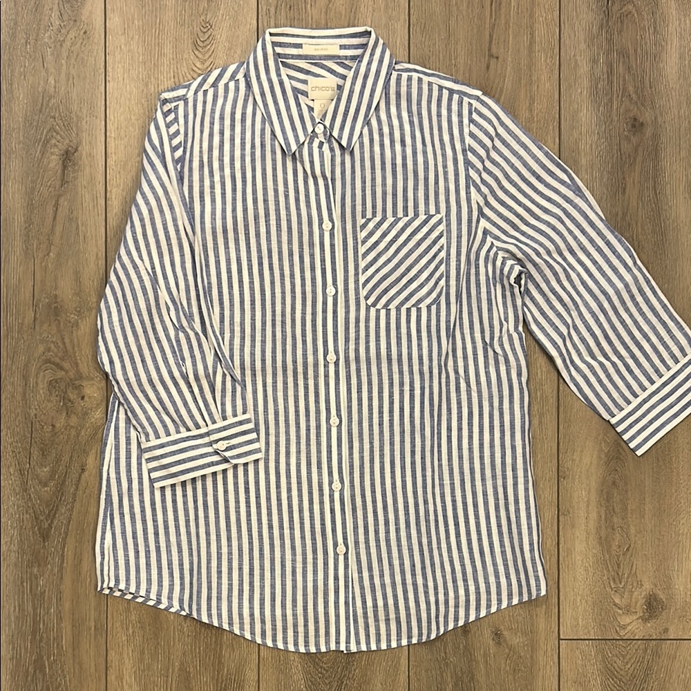 Chico's Women's Blue and White Striped Linen Button Down Non-Iron Shirt - Small - Picture 3 of 10